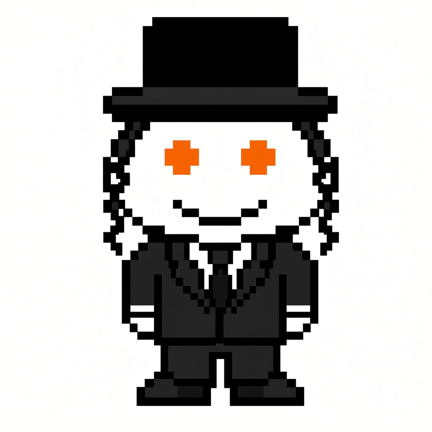 Pixel Karma mascot in a black suit and hat